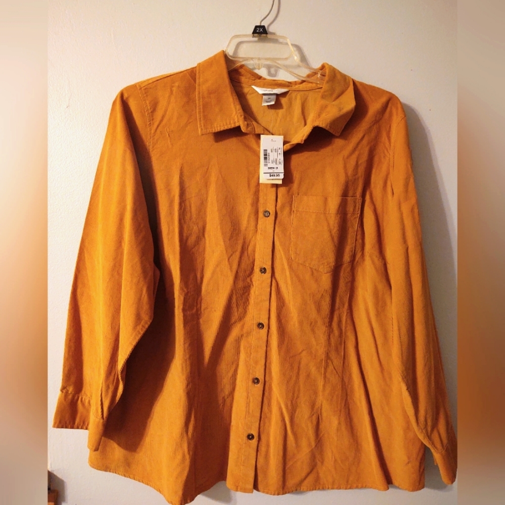 CJ Banks Women's Corduroy Mustard button up top size 2X NEW with tags.